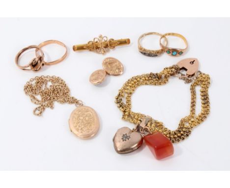 Three gold (9ct) rings, one other ring set with three turquoise cabochons, gold (9ct) oval locket on chain, one gold (9ct) cu