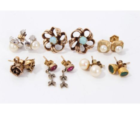 Seven pairs of gold and gem-set earrings