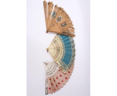 Three Victorian fans, mother of pearl stick and guards with pink silk brocade leaf, pierced bone sticks and guards with blue 