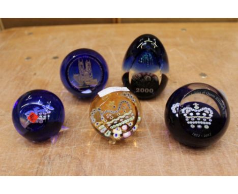 Five Caithness limited edition glass paperweights - Queen Elizabeth &amp; Prince Phillip 50th Wedding Anniversary, Jubilee Fl