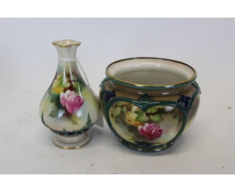 Good quality Royal Worcester vase decorated with pink and yellow rose and another similar vase / pot (2) CONDITION REPORT Bot