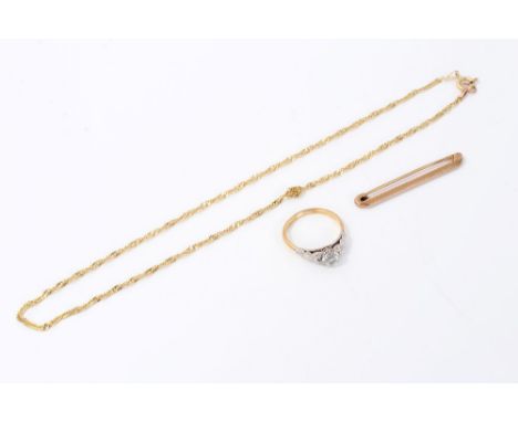 Gold (18ct) ring with synthetic white stone in platinum setting, together with gold (9ct) bar brooch and gold (9ct) chain CON