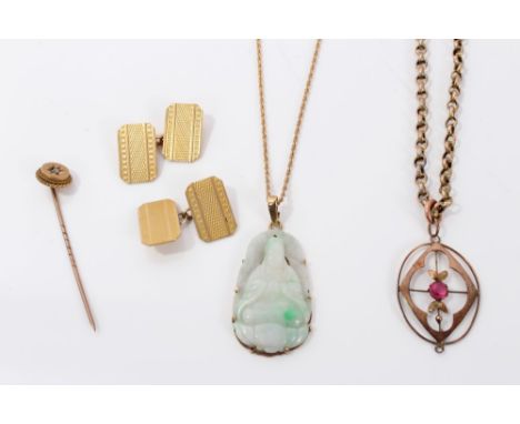 Group - to include Edwardian rose gold pendant on chain, pair Art Deco gold cufflinks, jade pendant and Victorian stick pin C