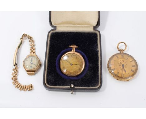 Best. C. Lannier gold cased fob watch, gold (14ct) cased fob watch and a ladies' gold (9ct) Smiths wristwatch on plated brace