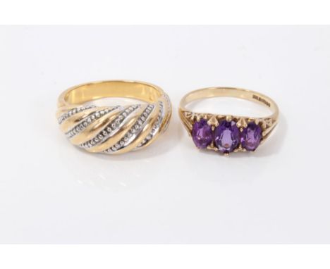 Gold (9ct) amethyst three stone ring and a Continental gold dress ring (2) CONDITION REPORT Amethyst ring 2.7 grams.  Other r