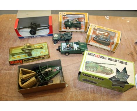 Crescent 5.5 Howitzer Gun no. 1251, Britains Half Track Motorcycle no. 9780, British Scout Car no. 9781, Dinky 6 Pounder Anti