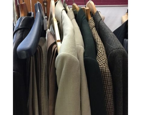 Gentlemen's green / blue tweed jacket and a brown check jacket, plus some lightweight jackets and trousers, also a long black