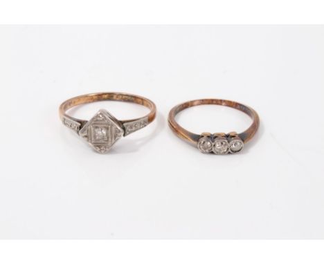 Art Deco gold (9ct) and platinum ring set with a single stone diamond, together with a diamond three-stone ring (2) CONDITION