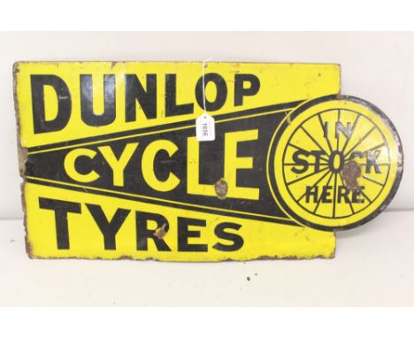 Enamel hanging double-sided advertising sign 'Dunlop Cycle Tyres in Stock Here', 69cm overall width