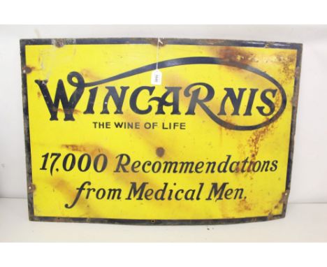 Enamel advertising sign 'Wincaris The Wine of Life, 17000 Recommendations from Medical Men', 91.5cm overall width