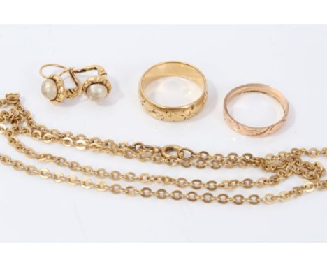 Gold (18ct) wedding ring, another (15ct), pair of gold (18ct) earrings and a gold (18ct) chain CONDITION REPORT Gold (15ct) w