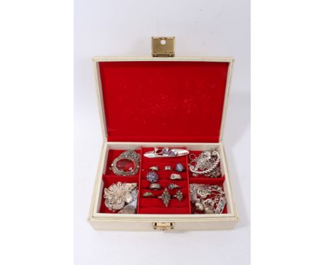 Jewellery box containing silver and white metal jewellery - including gem set rings, charm bracelet, gate bracelets, pendant 