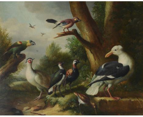 
	
		MANNER OF MELCHIOR DE HONDECOETER (20TH CENTURY)
		BIRDS IN A LANDSCAPE
		Oil on panel
		Signed with a monogram (lower l