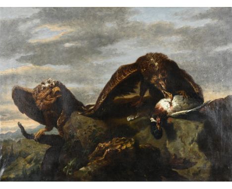 
	
		CHARLES VERLAT (BELGIAN 1824-1890)
		TWO EAGLES WITH THEIR KILL ON A ROCKY OUTCROP
		Oil on canvas
		Signed and dated 18