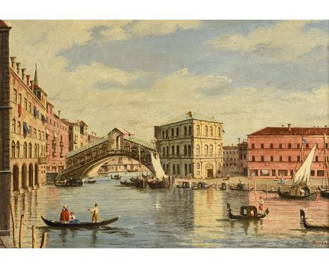 
	
		ALBERTO TERRINI (ITALIAN 19TH/20TH CENTURY)
		RIALTO BRIDGE, VENICE
		Oil on board
		Signed (lower right)
		26 x 36cm (1