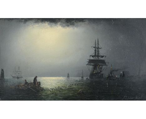 
	
		ADOLPHUS KNELL (BRITISH ACT. 1860-1890)
		SHIPPING UNDER MOONLIGHT 
		Oil on board 
		Signed (lower right)
		21 x 36cm (
