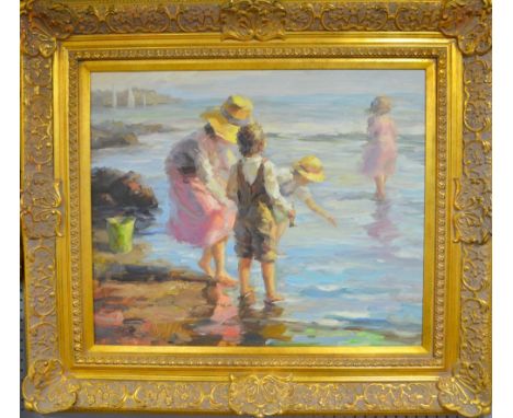 Oil on canvas, reminiscent of Shirley Valentine Daines, depicting four children playing in the shallows with sailing boats be