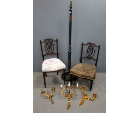 Two early 20th century carved back chairs, three gilt metal wall sconces and a painted standard lamp