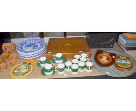 Coalport Atlone-Green saucers and coffee cans, Spode blue and white plates, three wall plaques with crests, etc. 