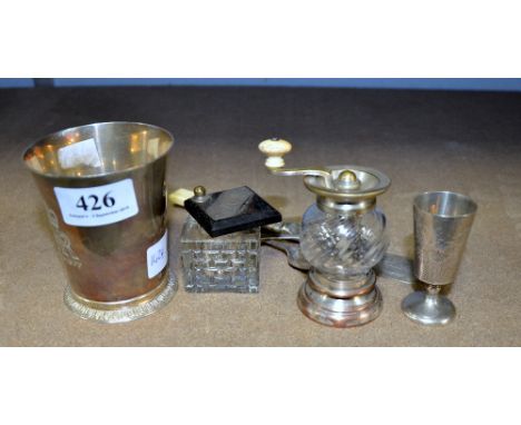 Silver Jubilee Britannia standard beaker, inkwell and various plated items