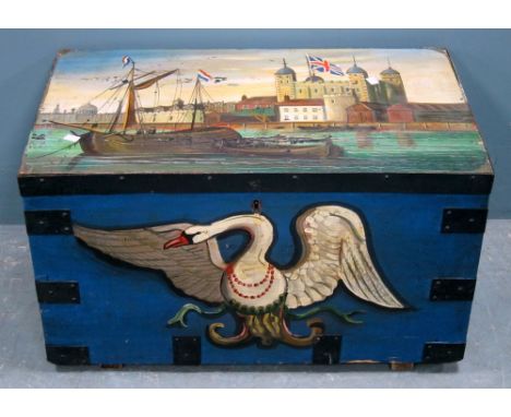 A painted pine trunk, iron bound, painted with the Pool of London, 77cm wide