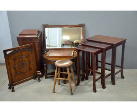 Nest of red lacquered tables, clock, coffee table, tray, stool, firescreen, mahogany tapered pedastool drinks cabinet.