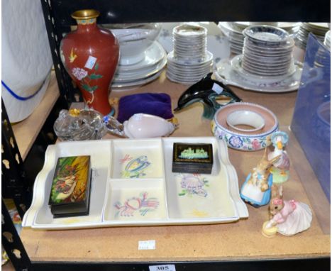 Cloisonn‚ vase, Poole hors-d'oeuvre dish, flower ring and dolphin, Royal Doulton, Jemima Puddleduck, Mrs Rabbit and Bunnies, 