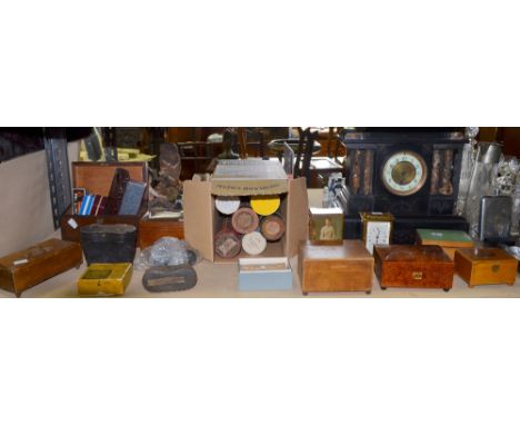 Black slate mantel clock, carriage clock, various musical boxes, harmonicas, magic lantern slides and wax cylinders