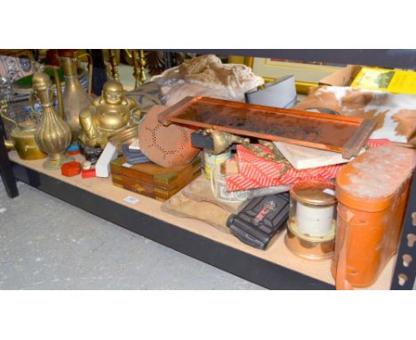 Small effects including aneroid barometer, brassware, metalwork, camera, binoculars, bread boards carved with mouse