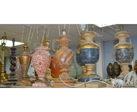 Three gold painted table lamps, a gilt metal Corinthian column table lamp, and six other lamps 