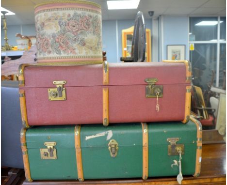 Two trunks, suitcase, side table, pair of chairs and a metalwork and tile top coffee table
