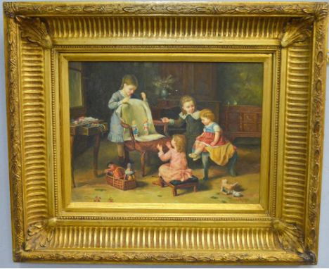 Joseph - oil on board, depicting four girls playing with their dolls in an interior setting, signed and dated lower right, 97