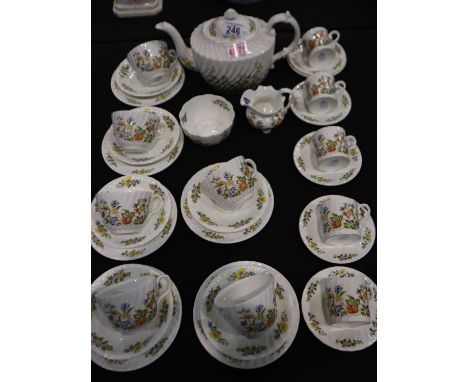 Aynsley tea and coffee ware in the Cottage Garden pattern, six tea trios, five coffee cups, six coffee saucers, milk, sugar a