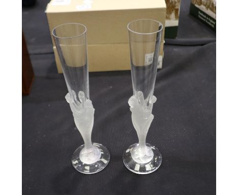 Boxed pair of Erte Crystal champagne flutes, in the manner of Lalique, 30cm H. UK P&amp;P Group 2 (£20+VAT for the first lot 