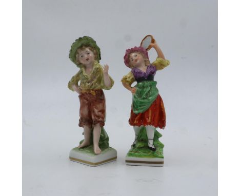 Two Continental ceramic figures with blue anchor back stamps, largest H: 15 cm. UK P&amp;P Group 2 (£20+VAT for the first lot