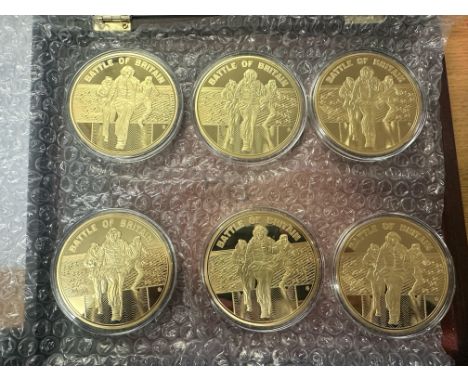 Six large Battle of Britain gold plated Commemorative medallions in a wooden case. UK P&amp;P Group 1 (£16+VAT for the first 