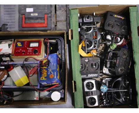 Selection of radio control transmitters, 2 channel and 4/6 channel, plus batteries, chargers, and other model boat/aircraft a