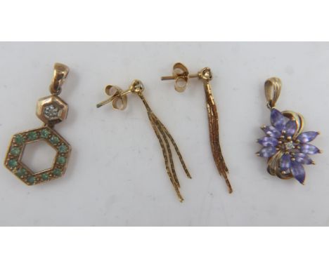 Pair of 9ct gold earrings and two stone set pendants, combined 5.7g. UK P&amp;P Group 0 (£6+VAT for the first lot and £1+VAT 