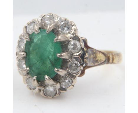 Early 20th century 18ct gold emerald and diamond set cocktail ring with raised setting, size N/O, 6.2g. UK P&amp;P Group 0 (£