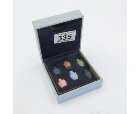 Wedgwood set of six miniature Portland vases in multicolour jasper ware, each piece measuring 20mm in height, in original fit