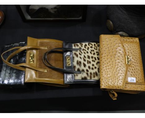 Group of 4 vintage ladies handbags to include an ostrich leather bag, springbok hide bag, spotted big cat hide bag and an all
