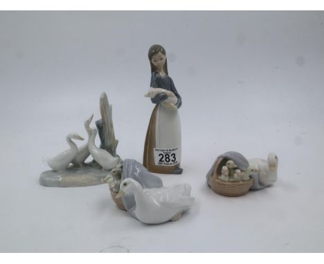Three Lladro figurines of a girl with a piglet, two geese together with a Neo group of geese (4). UK P&amp;P Group 3 (£30+VAT