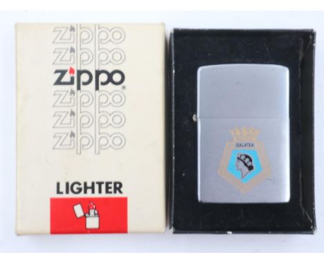 Zippo brushed steel lighter, bearing the crest for HMS Galatea, boxed. UK P&amp;P Group 0 (£6+VAT for the first lot and £1+VA