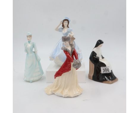 Four figurines, including Coalport Christina, Cheryl (2nd), a Coalport Nun and a Royal Worcester Lara. UK P&amp;P Group 3 (£3