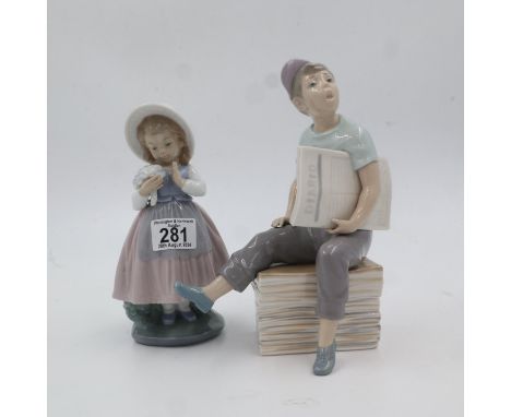 Two Nao figurines depicting a paperboy and a girl with a bunch of flowers, largest H: 24cm. UK P&amp;P Group 3 (£30+VAT for t