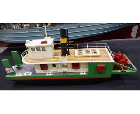 Static scratch built model of twin paddle stern wheel ferry boat, good build and finish, L: 64 cm. Not available for in-house