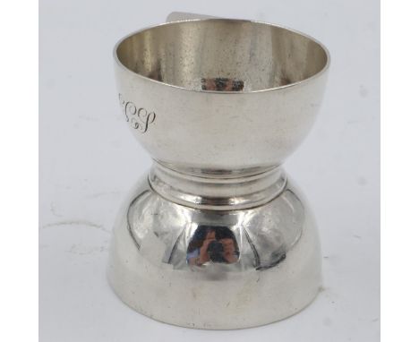 Hallmarked Scottish silver double-sided egg holder, Edinburgh assay, 59g, engraved E C J. UK P&amp;P Group 1 (£16+VAT for the