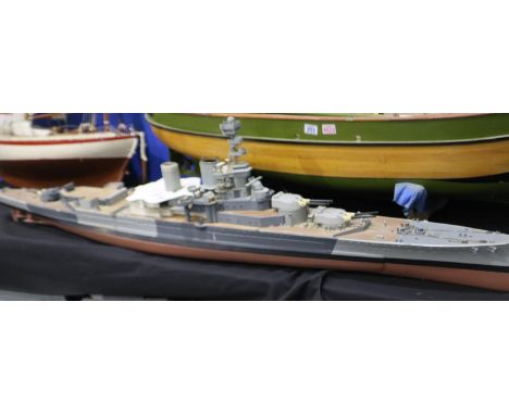 Kit built battleship model, fitted twin electric motors, some radio control, requires finishing, L: 190 cm. Not available for