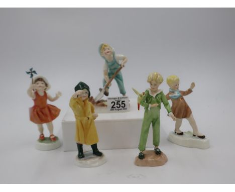 Group of five Royal Worcester figurines to include The Slide, Gardener, Lets Run, Little Parakeet and Fisherman. UK P&amp;P G