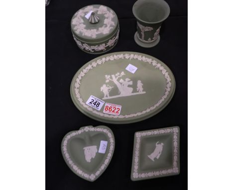 Wedgwood Jasperware items, in sage green, including pin dishes and a lidded pot. UK P&amp;P Group 3 (£30+VAT for the first lo